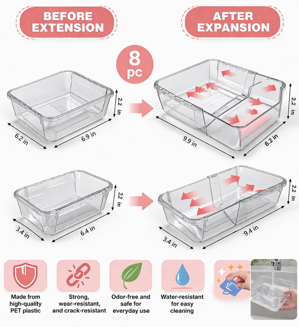 📦 Expandable Clear Drawer Organizer | Customizable Storage