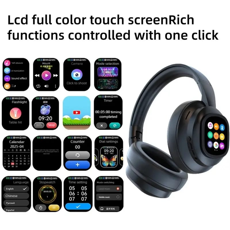 🎧 Bluetooth LCD Touchscreen ANC Headphones with DIY Wallpapers & Smart Features