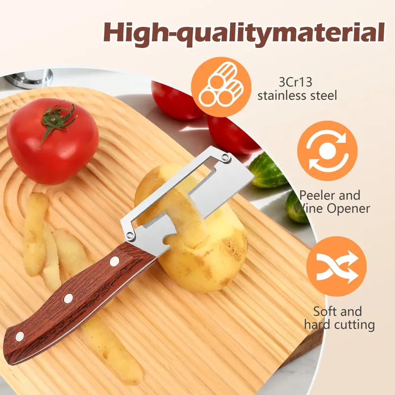 (🎁Last Day 49% OFF)🔪✨Heavy-Duty Stainless Steel Vegetable Peeler with Ergonomic Wood Handle & Built-in Bottle Opener