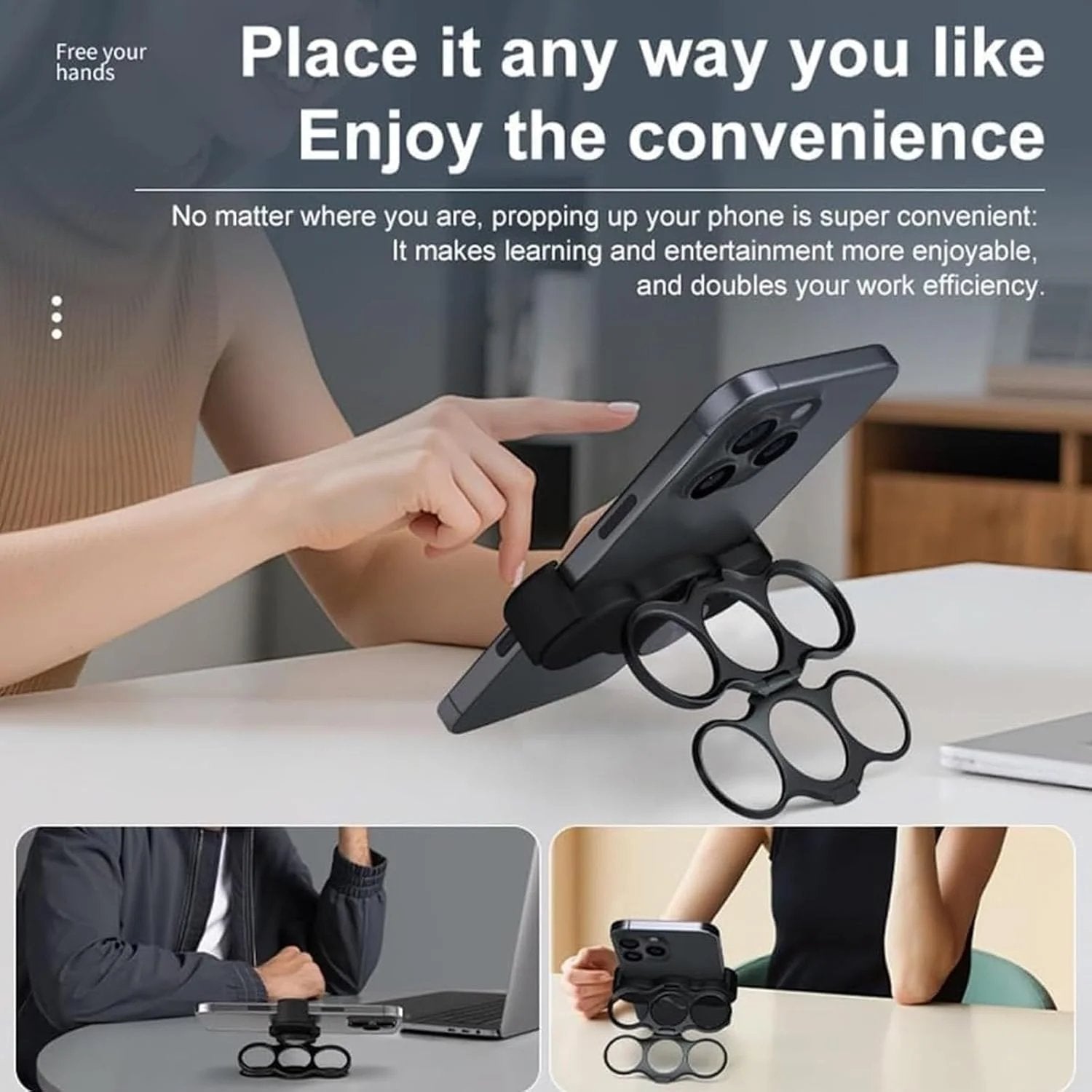 Dual-Ring Three-Finger Back Clip Holder - 360° Rotating Foldable Kickstand, Ultra Strong Clip Holder