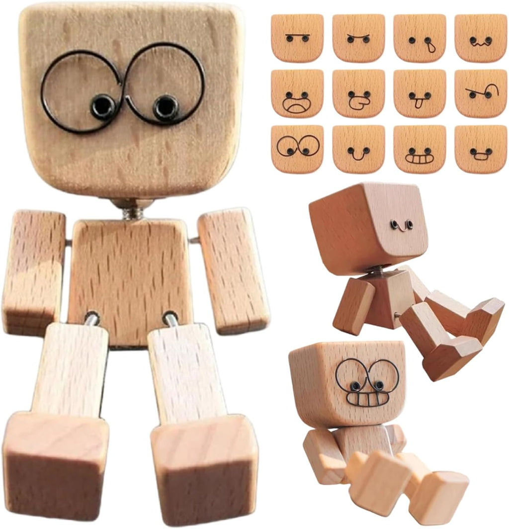💖Handmade Charming Shaking Wooden Man Figurine with 12PCS Magnetic Expressions
