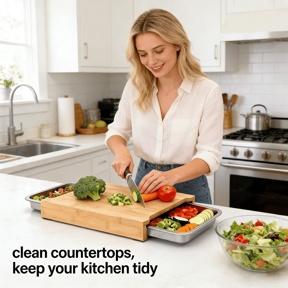 🌿 Organic Bamboo Cutting Board with Sliding Drawers
