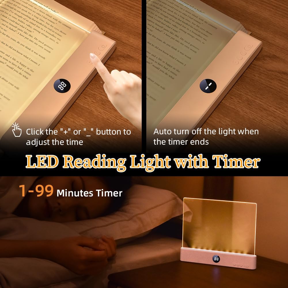 Book Light, Rechargeable Clear LED Flat Book Lights for Reading in Bed at Night with 3 Colors & Timer