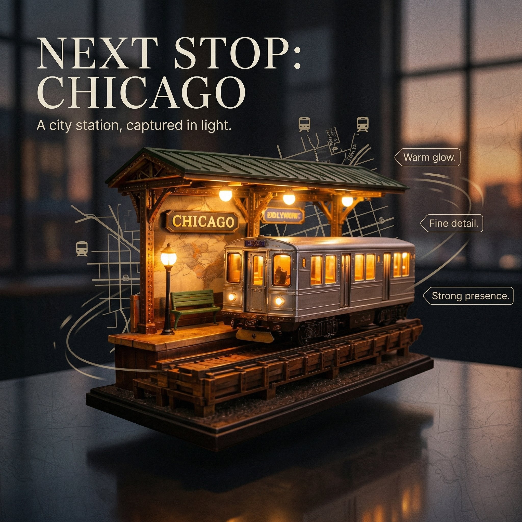 🏙️ Chicago "L" Train Miniature Lamp | Warm Ambient Urban Decor