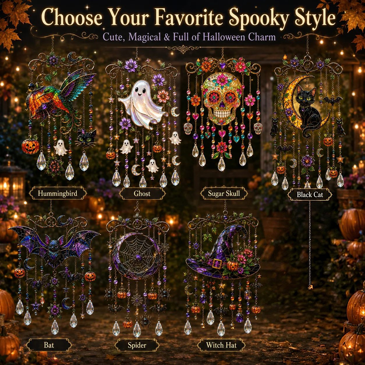 🎃💎Halloween Crystal Wind Chime – Colorful Acrylic Hanging Garden Decoration