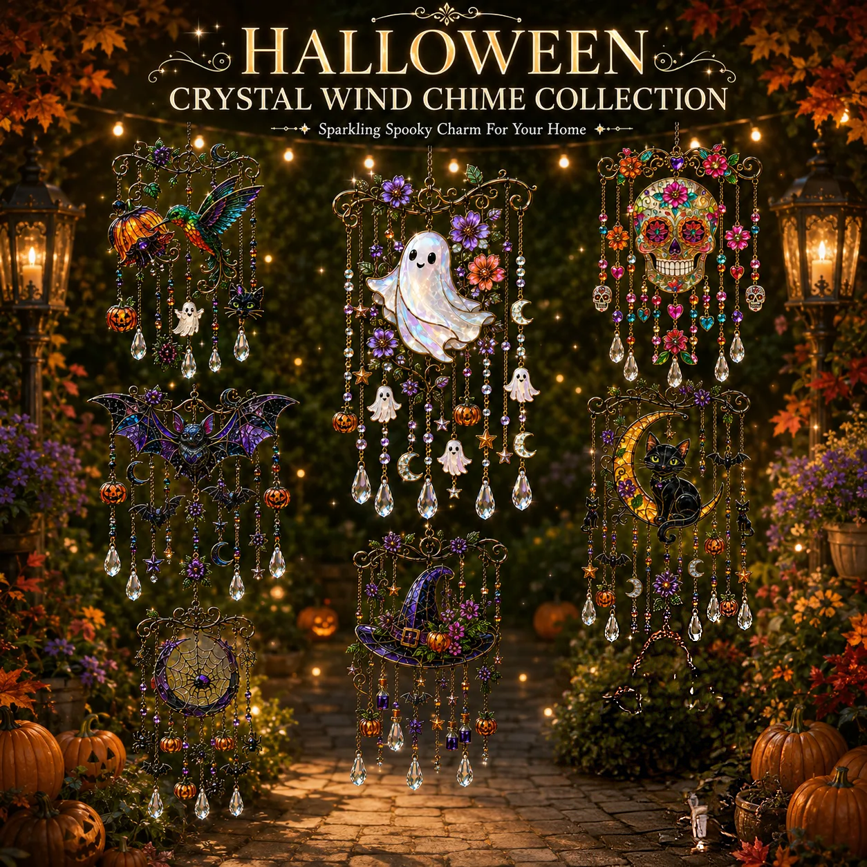 🎃💎Halloween Crystal Wind Chime – Colorful Acrylic Hanging Garden Decoration
