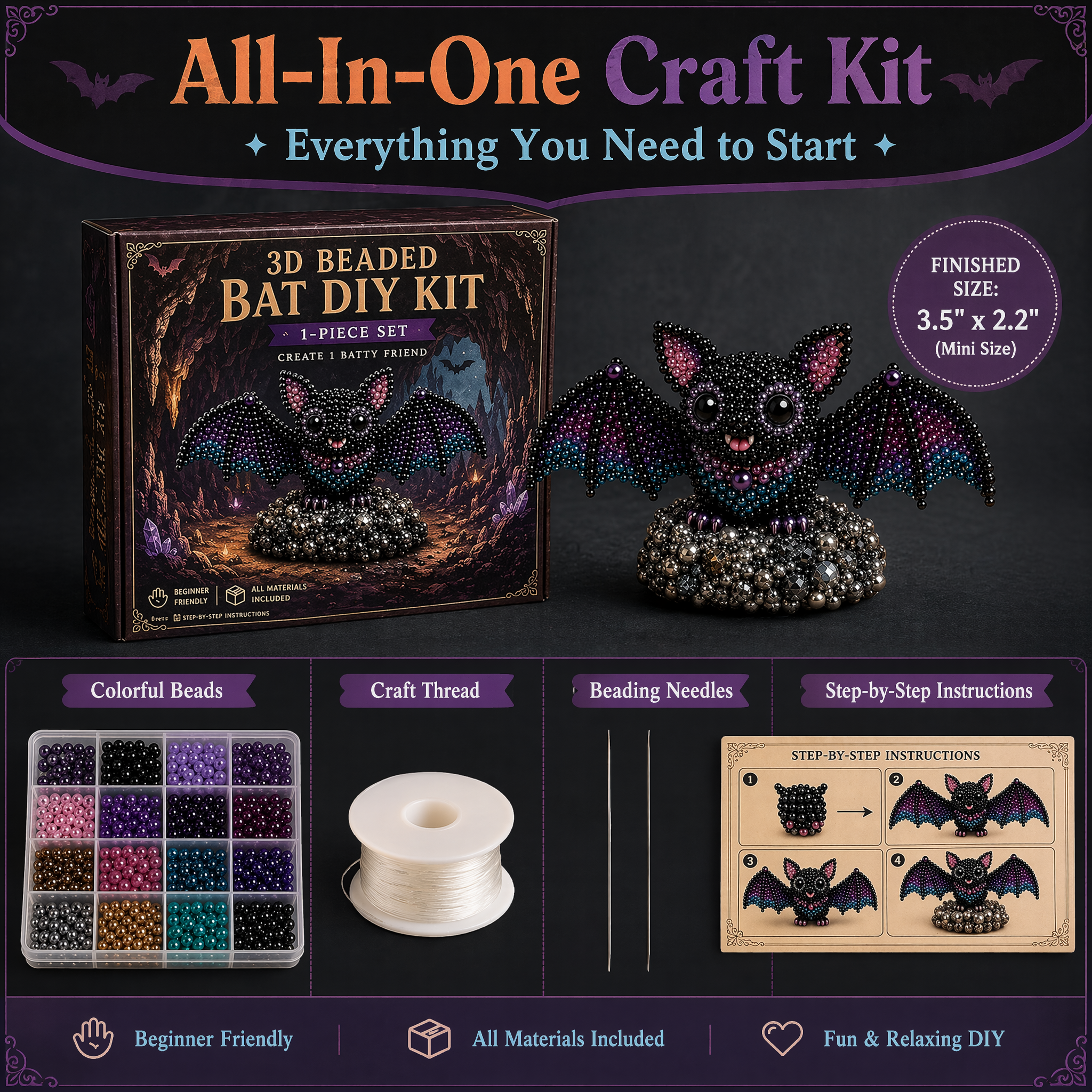 Mini 3D Beaded Halloween Bat DIY Kit