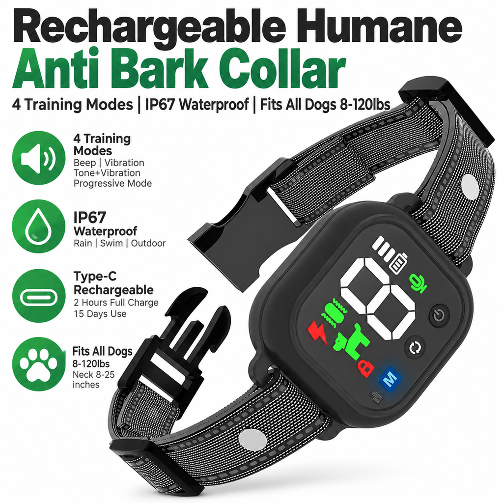 Anti-bark collar: Rechargeable, suitable for dogs weighing 8–120 lbs
