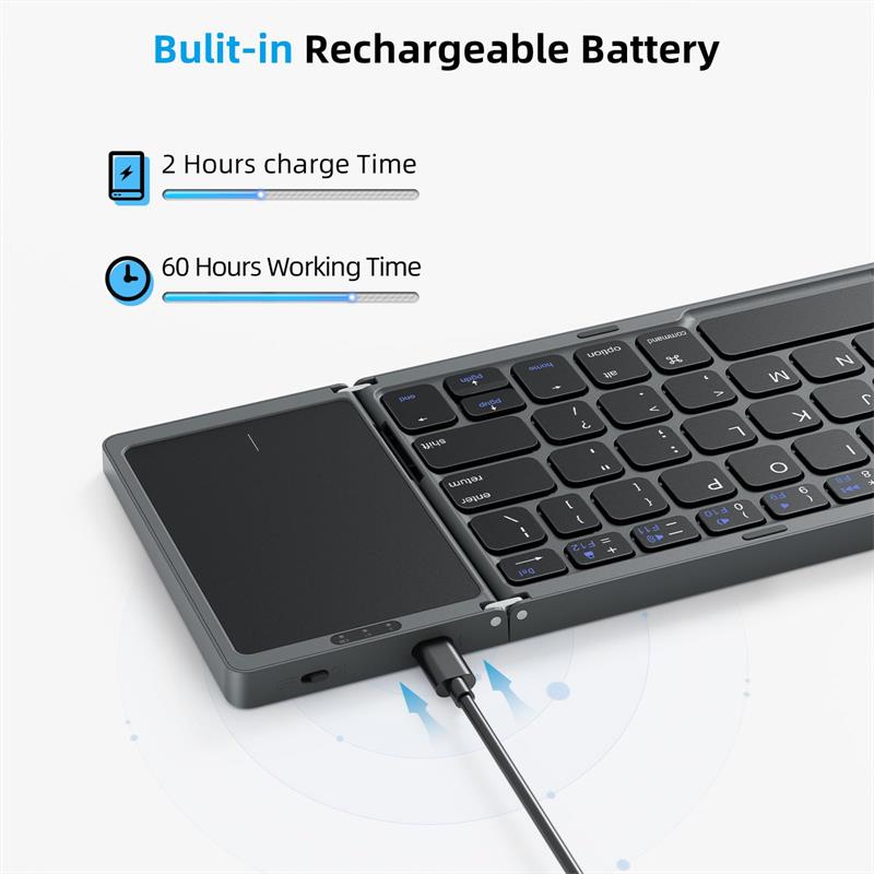 Foldable Bluetooth Keyboard with Touchpad – Rechargeable Portable Wireless Keyboard for iPad, iPhone, Laptop, Tablet, PC (iOS/Android/Windows), 3-Device Sync, 40H Battery, USB-C